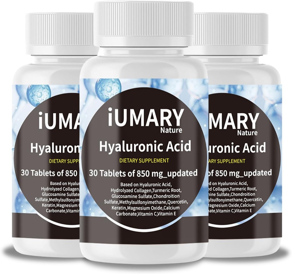Hyaluronic Acid Supplements, 850mg High Bioavailable Dietary Hyaluronic Acid - Advanced Joint Support with Hydrolyzed Collagen, Turmeric, Glu-cosamine, MSM, Vitamin C – 30 Tablets（Pack of 3） 2