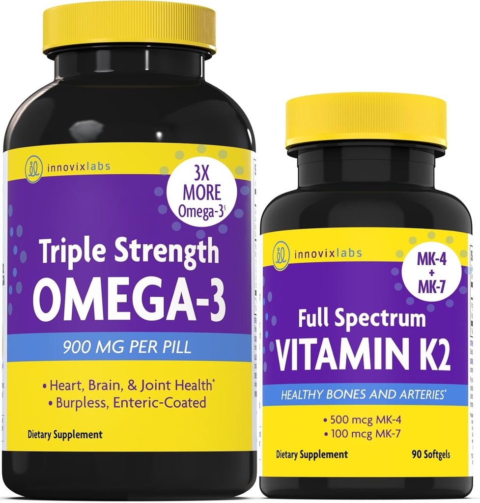 InnovixLabs Vitamin K2 & Triple Omega Bundle Full Spectrum Vitamin K2 (90 Softgels) Triple Strength Omega-3 Fish Oil (200 Softgels). Supports Healthy Bones, Arteries and Joints. * 2