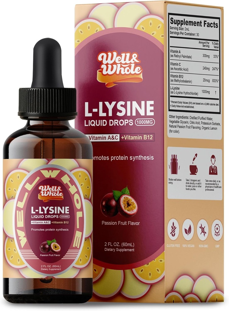 L-Lysine Supplement Liquid Drops | L-Lysine 1000mg Tincture with Vitamin A, C, and B12 for Adults & Kids | Immune Support, Skin & Lips Health, Collagen Synthesis | Non-GMO, Vegan, 2 Fl Oz (60 ML) 2