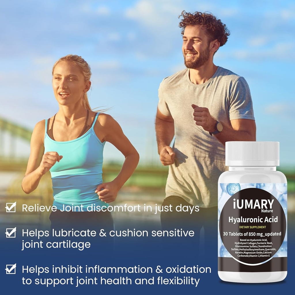 Hyaluronic Acid Supplements, 850mg High Bioavailable Dietary Hyaluronic Acid - Advanced Joint Support with Hydrolyzed Collagen, Turmeric, Glu-cosamine, MSM, Vitamin C – 30 Tablets（Pack of 3） 4