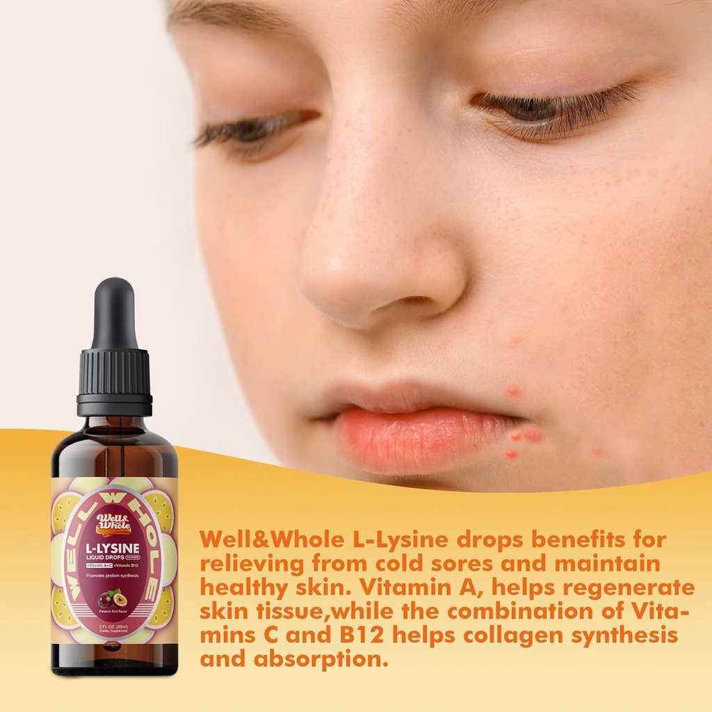 L-Lysine Supplement Liquid Drops | L-Lysine 1000mg Tincture with Vitamin A, C, and B12 for Adults & Kids | Immune Support, Skin & Lips Health, Collagen Synthesis | Non-GMO, Vegan, 2 Fl Oz (60 ML) 5