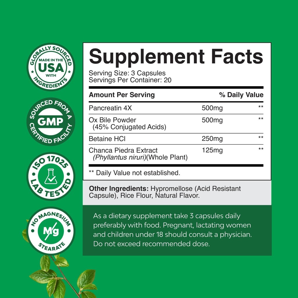 Ox Bile Salts for Gallbladder Support - Purified Bile Salts Supplement with Pancreatin Digestive Enzymes Ox & Betaine HCL - Supplements for No Gallbladder & Digestive Health 20 Days 6