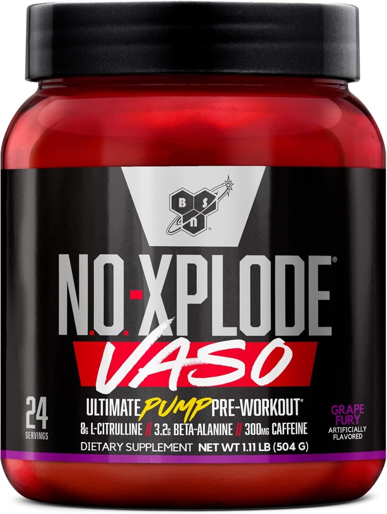 BSN N.O.-XPLODE Vaso Pre Workout Powder with 8g of L-Citrulline and 3.2g Beta-Alanine and Energy, Flavor: Grape Fury, 24 Servings 2