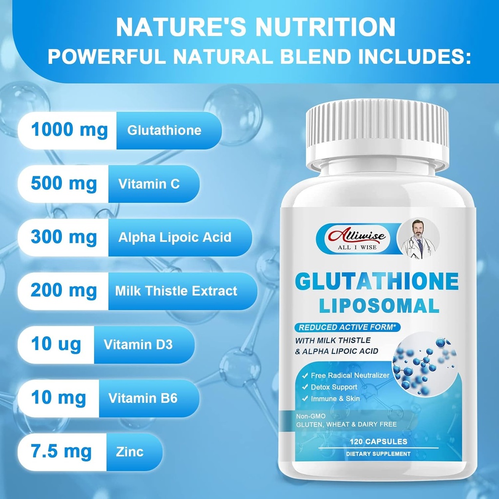 Liposomal Glutathione 1000mg, Glutathione Supplement with Milk Thistle 200mg, Alpha Lipoic Acid 300mg & Vitamin C 500mg, Immune Health Support, Liver Support, Skin Support 3