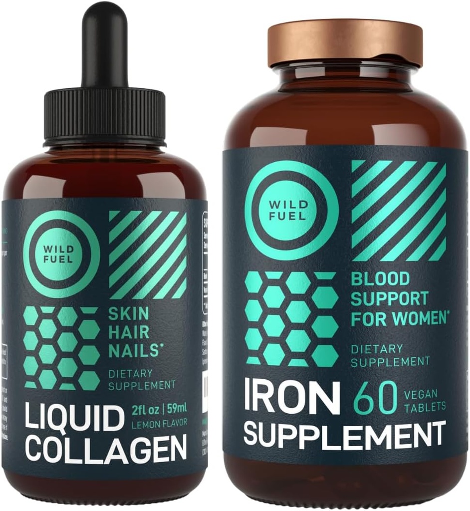 WILD FUEL Iron Supplement for Women with Folic Acid and Liquid Collagen Peptides with Biotin Female Health and Beauty Bundle 2