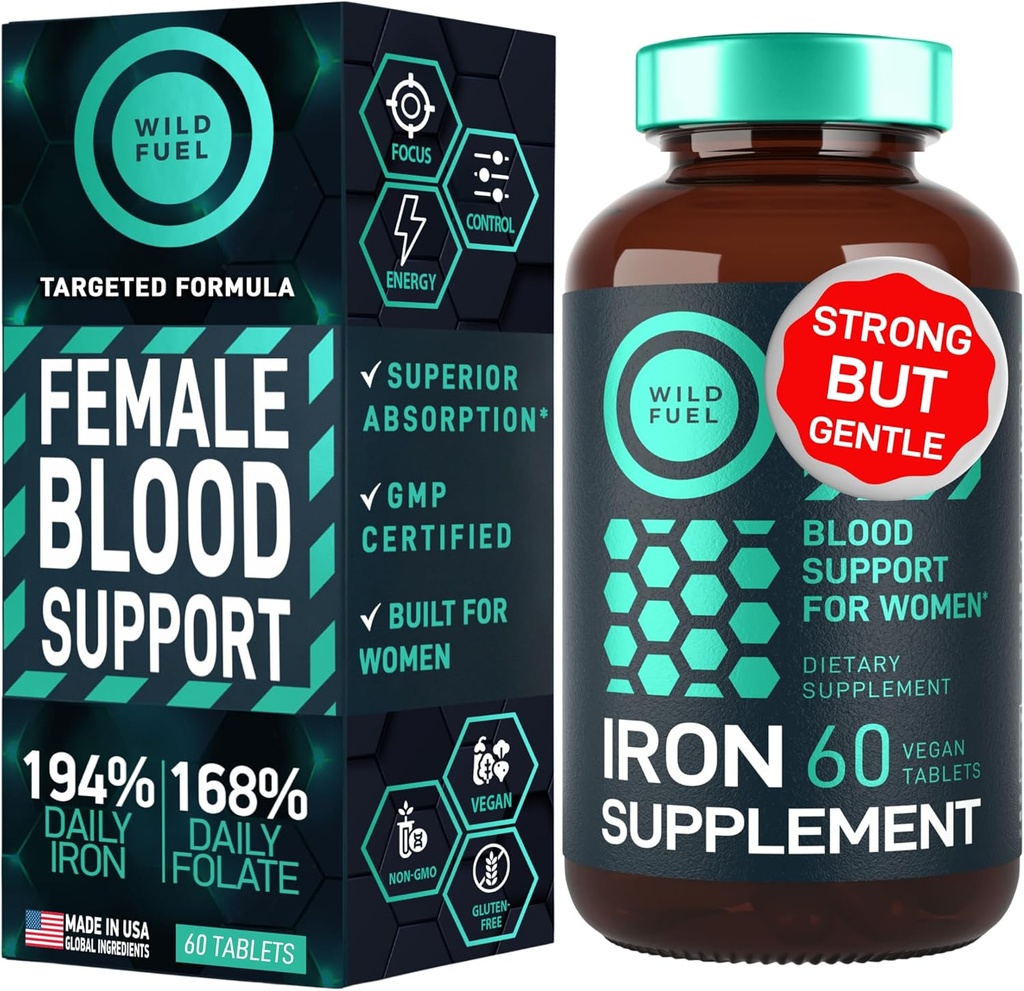 WILD FUEL Iron Supplement for Women with Folic Acid and Liquid Collagen Peptides with Biotin Female Health and Beauty Bundle 3
