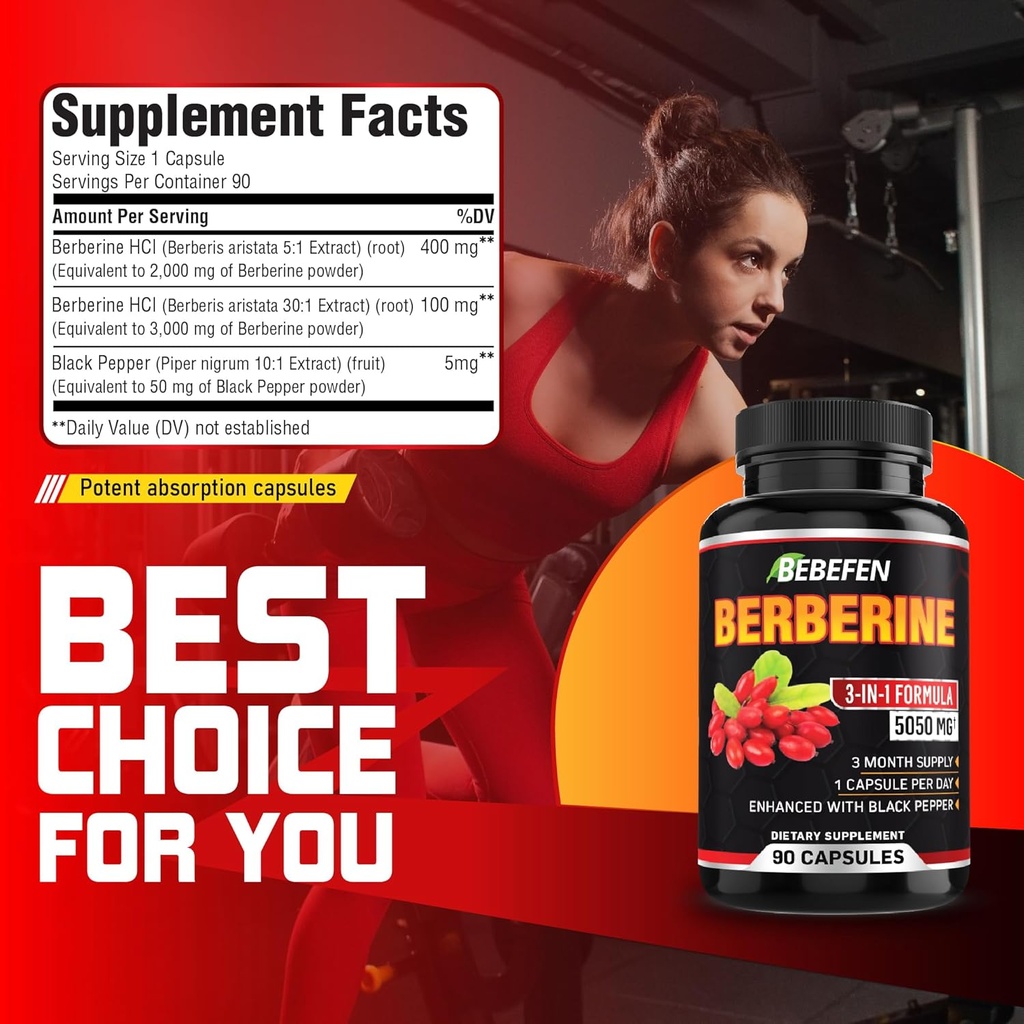 BEBEFEN Berberine Capsules with Black Pepper Extract - 90 Capsules - 3 Month Supply 3