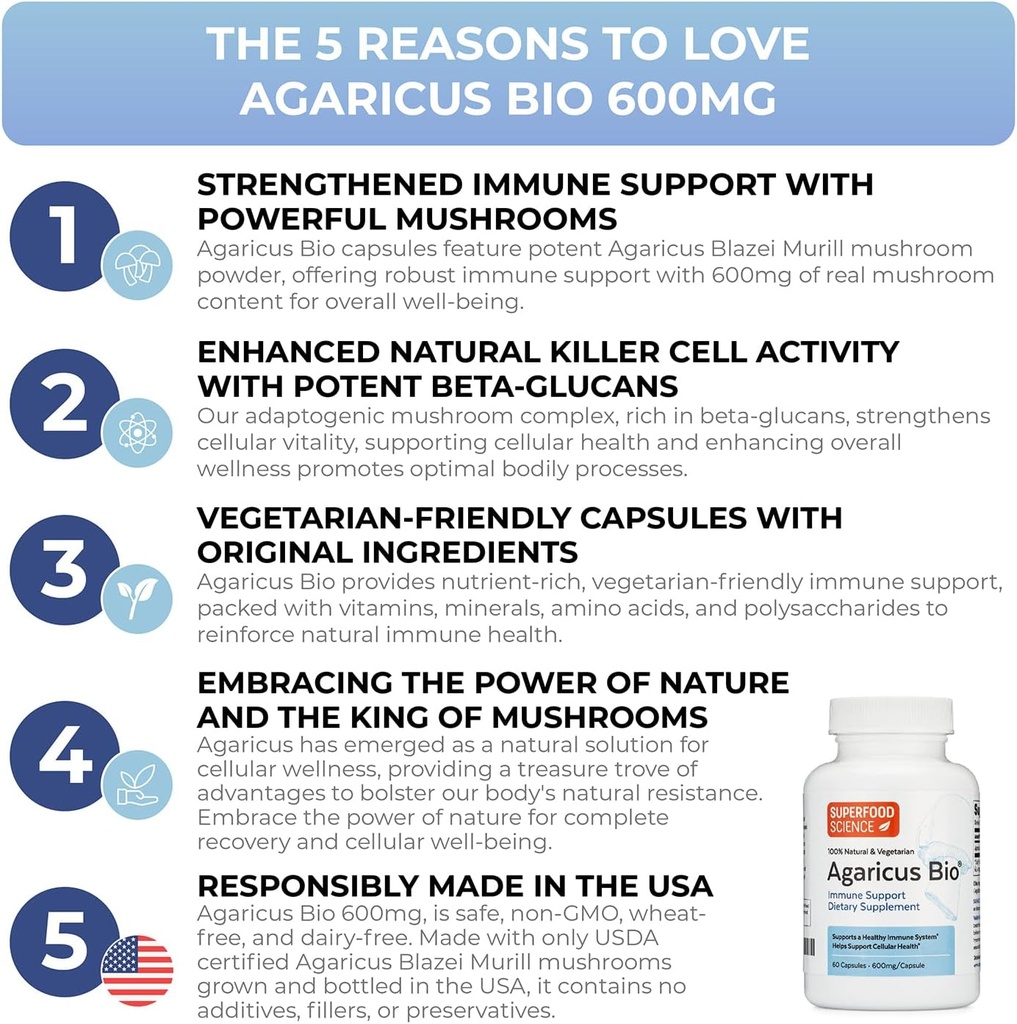 Agaricus Bio 600 mg, Natural Killer Cell Activity -USA-Grown Organic Agaricus Blazei Murill Mushroom for Immune Support, Liver & Cellular Health, High Beta Glucan Supplements, 60 Caps 3