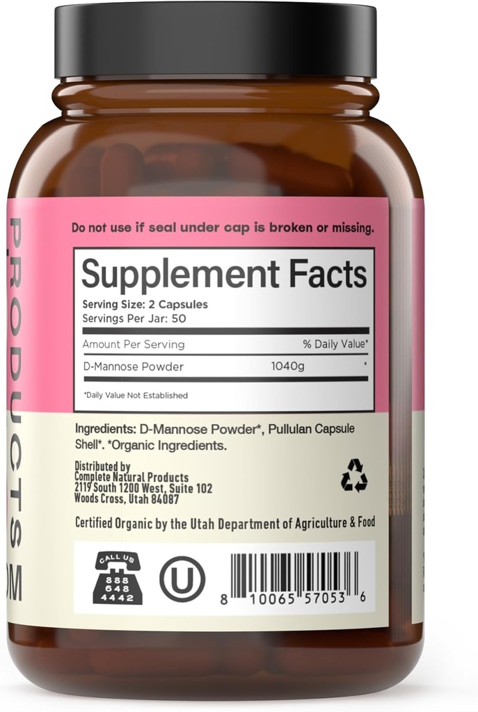 Complete Natural Products Organic D-Mannose Capsules - Pure D-Mannose Pills 100 Count for UTI, Bladder, & Urinary Tract Health 4