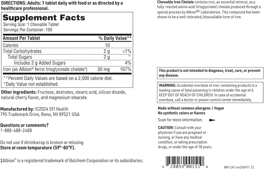Klaire Labs SFI Health Chewable Iron Chelate - 30 Milligrams Elemental Iron, Easy on The Stomach & Hypoallergenic, Natural Cherry Flavor (100 Tablets) 6