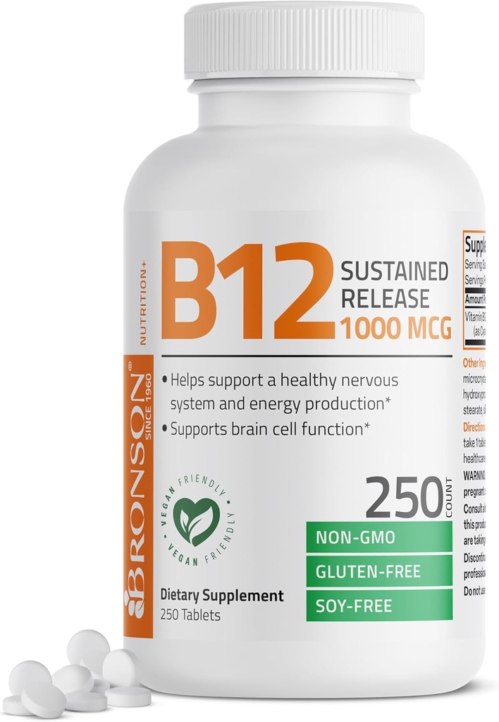 Bronson Vitamin B12 1000 mcg Sustained Release Premium Non GMO Tablets Supports Nervous System, Healthy Brain Function and Energy Production, 250 Count 2