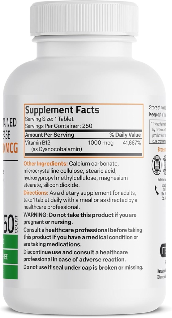 Bronson Vitamin B12 1000 mcg Sustained Release Premium Non GMO Tablets Supports Nervous System, Healthy Brain Function and Energy Production, 250 Count 3
