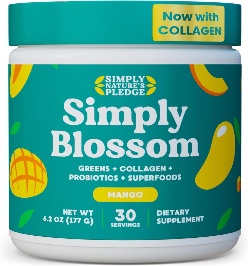 Simply Blossom Nutrition Daily Greens & Superfood Powder + Collagen + Probiotics for Women's Digestive Health & Bloating Relief. Help Your Health Bloom - 30 Day Supply - Mango 2