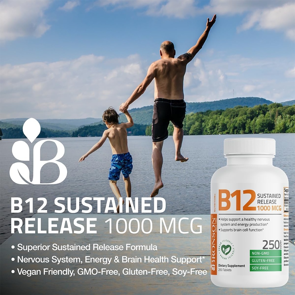 Bronson Vitamin B12 1000 mcg Sustained Release Premium Non GMO Tablets Supports Nervous System, Healthy Brain Function and Energy Production, 250 Count 5