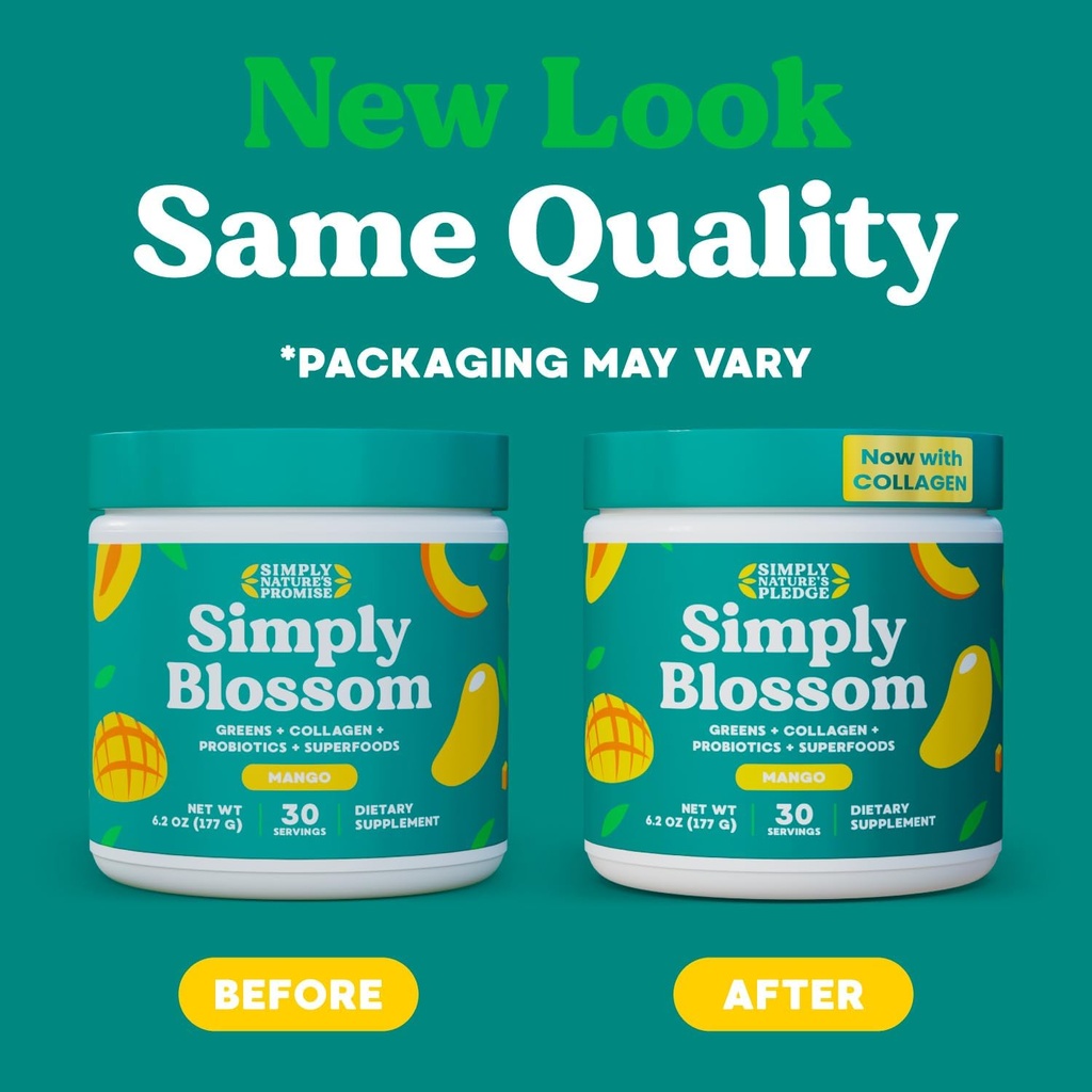 Simply Blossom Nutrition Daily Greens & Superfood Powder + Collagen + Probiotics for Women's Digestive Health & Bloating Relief. Help Your Health Bloom - 30 Day Supply - Mango 3