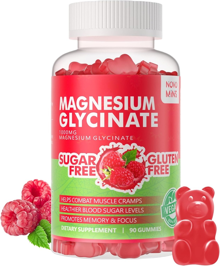90 CT Magnesium Glycinate Gummies 1000mg - Sugar Free Magnesium Potassium Supplement with Vitamin D, B6, CoQ10 for Calm Mood & Sleep Support - 90 Raspberry Gummies 2