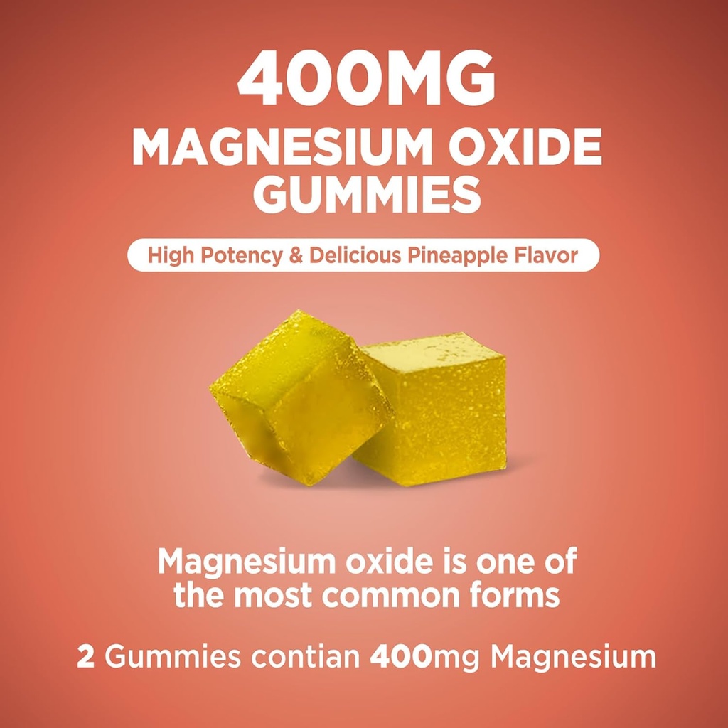 Magnesium Oxide 400mg Gummies, Magnesium Oxide Chewable Supplement for Muscle, Nerve & Heart Health, Vegan, Pinapple Flavor, 60 Count 4