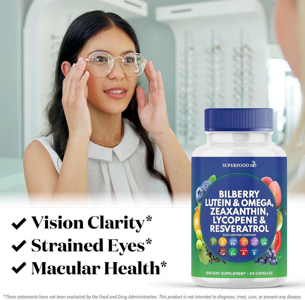 Superfood MD Eye Health Vitamins with Bilberry Lutein & Zeaxanthin Lycopene Resveratrol Grape Seed Extract Astaxanthin- AREDS 2 - Eye Vitamin - 60 Capsules 6