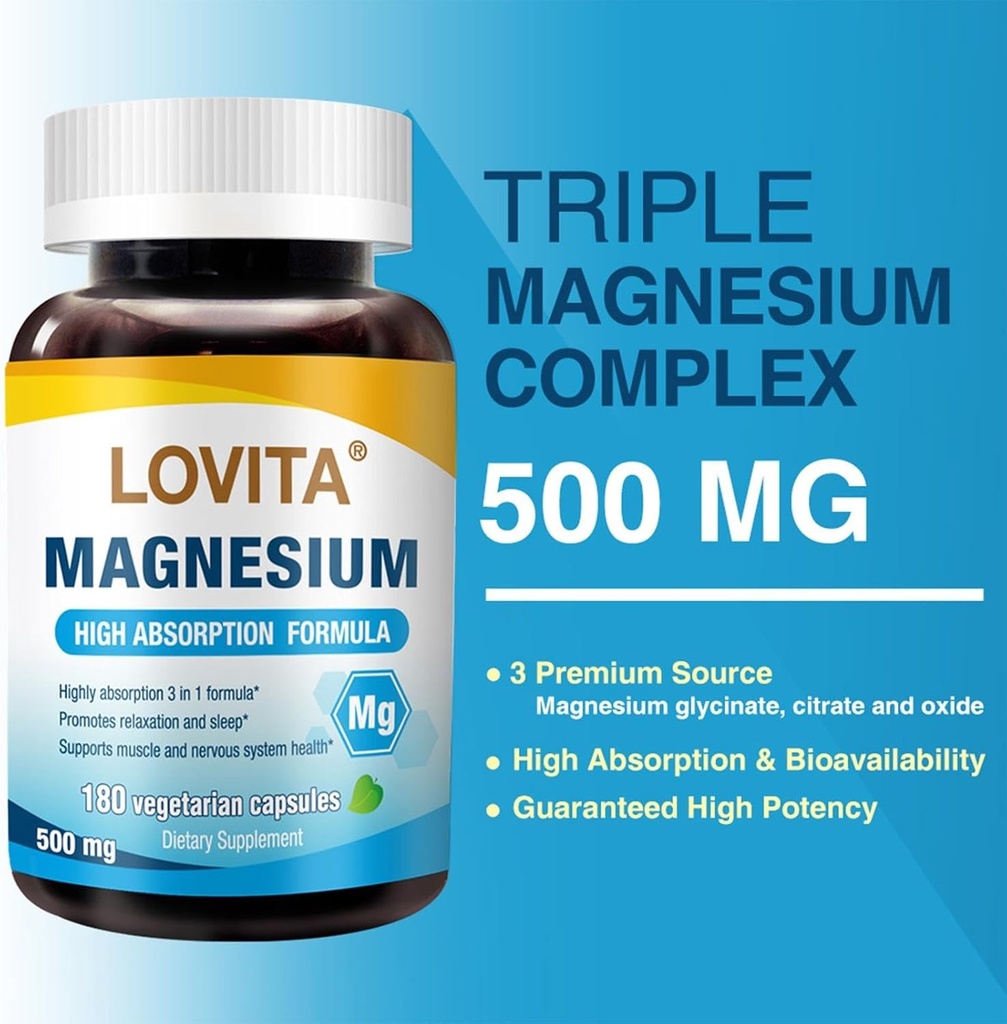 Lovita Triple Magnesium Complex 500mg, High Absorption and Potency Formula, Glycinate, Citrate & Oxide, Support Sleep, Relaxation, Heart, Nerves & Bone Health, 180 Vegan Capsules 4