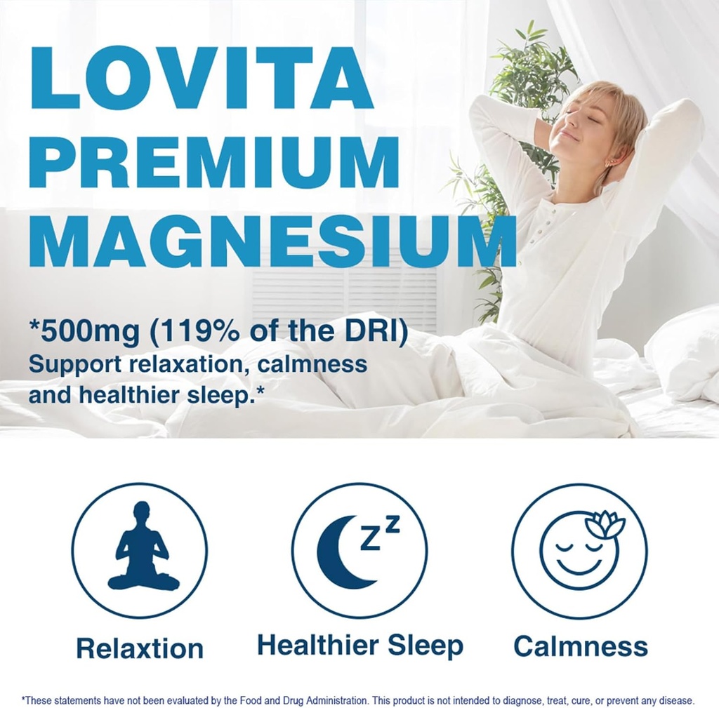 Lovita Triple Magnesium Complex 500mg, High Absorption and Potency Formula, Glycinate, Citrate & Oxide, Support Sleep, Relaxation, Heart, Nerves & Bone Health, 180 Vegan Capsules 5