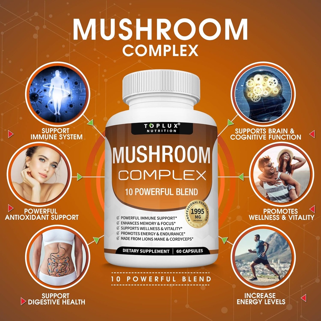 Toplux Mushroom Supplement Lions Mane - Cordyceps Reishi Chaga 10 Organic Mushroom Blend to Support Immune System, Memory, Focus & Clarity and Increase Energy, for Men Women, 60 Capsules 3