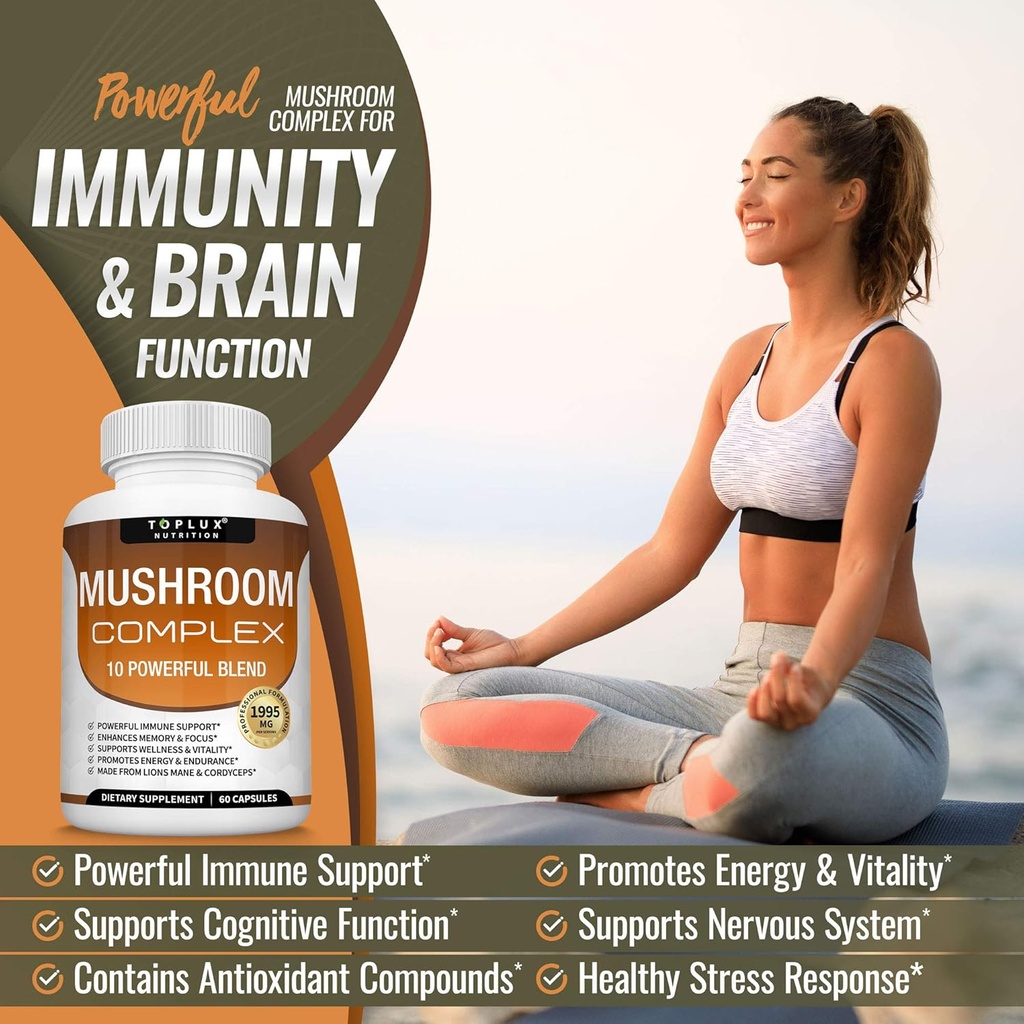Toplux Mushroom Supplement Lions Mane - Cordyceps Reishi Chaga 10 Organic Mushroom Blend to Support Immune System, Memory, Focus & Clarity and Increase Energy, for Men Women, 60 Capsules 4