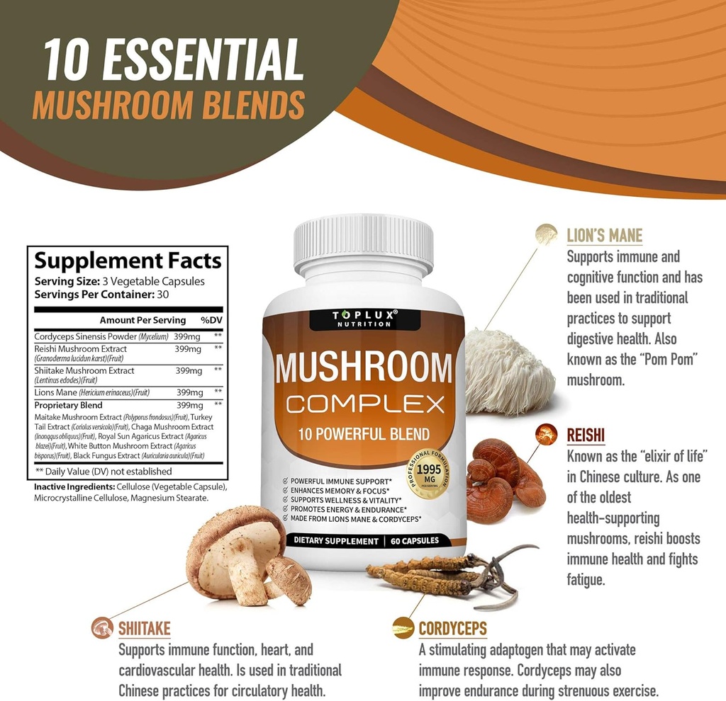 Toplux Mushroom Supplement Lions Mane - Cordyceps Reishi Chaga 10 Organic Mushroom Blend to Support Immune System, Memory, Focus & Clarity and Increase Energy, for Men Women, 60 Capsules 5