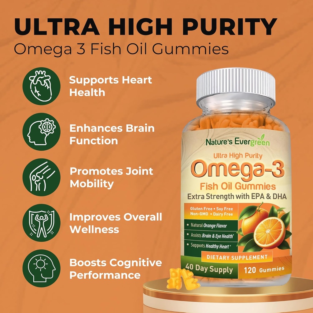 Extra Strength Omega 3 Fish Oil Gummies with DHA & EPA | Ultra High Purity Omega 3 Gummy Supplement for Healthy Heart, Joint & Brain Support | Nature's Vitamins, Orange Flavor | 120 Gummies 4