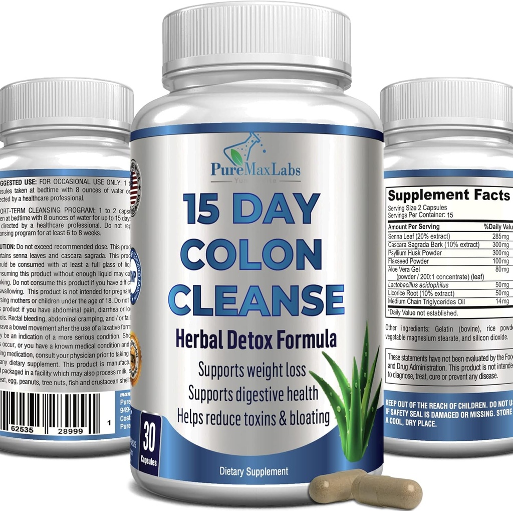 15 Day Colon Cleanse and Detox, Herbal Detox Formula, Supports Weight Loss, Constipation Relief - Boosts Energy. Flush Toxins, Natural Safe Colon Cleanser for Men and Women - 30 Capsules 2