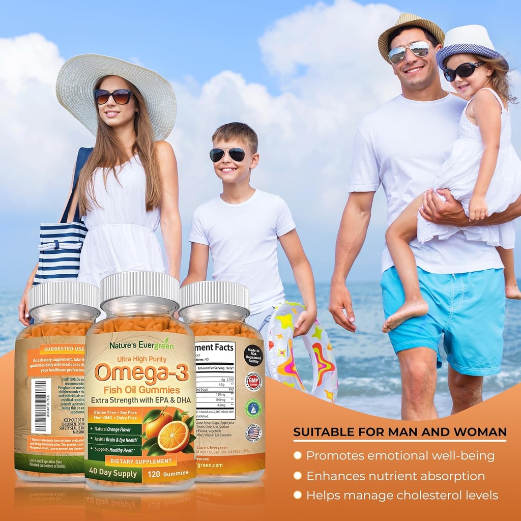 Extra Strength Omega 3 Fish Oil Gummies with DHA & EPA | Ultra High Purity Omega 3 Gummy Supplement for Healthy Heart, Joint & Brain Support | Nature's Vitamins, Orange Flavor | 120 Gummies 6