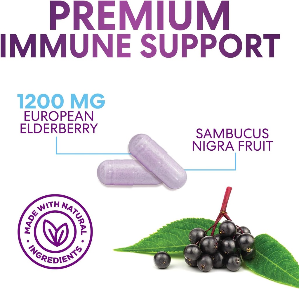 Elderberry Immune Support 1200mg - Daily Immune Support for Adults with Concentrated Sambucus Black Elderberry Extract - Antioxidant Vitamin Supplement, Gluten Free, Bottled in USA - 120 Capsules 4