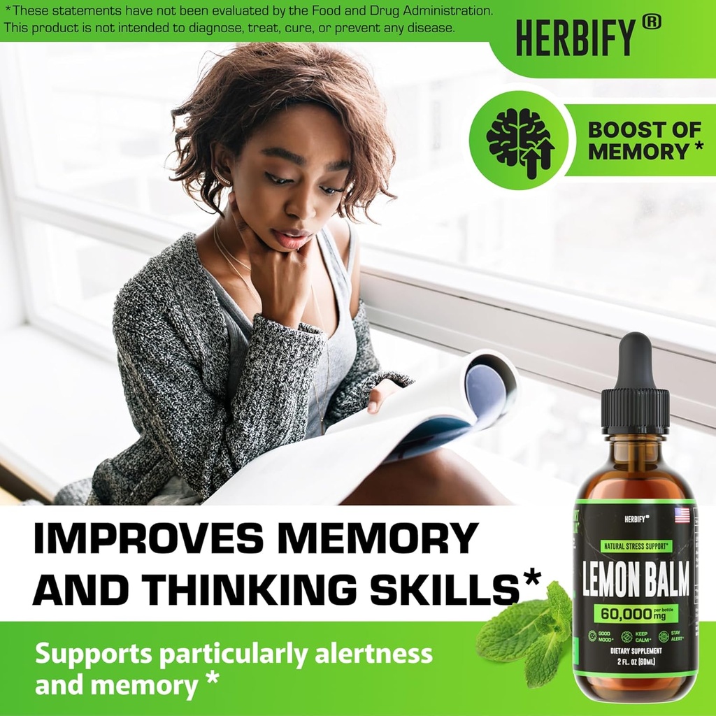 HERBIFY Lemon Balm Tincture - Melissa Officinalis Leaf Liquid Extract - Brain Support and Mood Boost - Lemon Balm Drops for Immune & Cognitive Support - 2 Fl oz 4