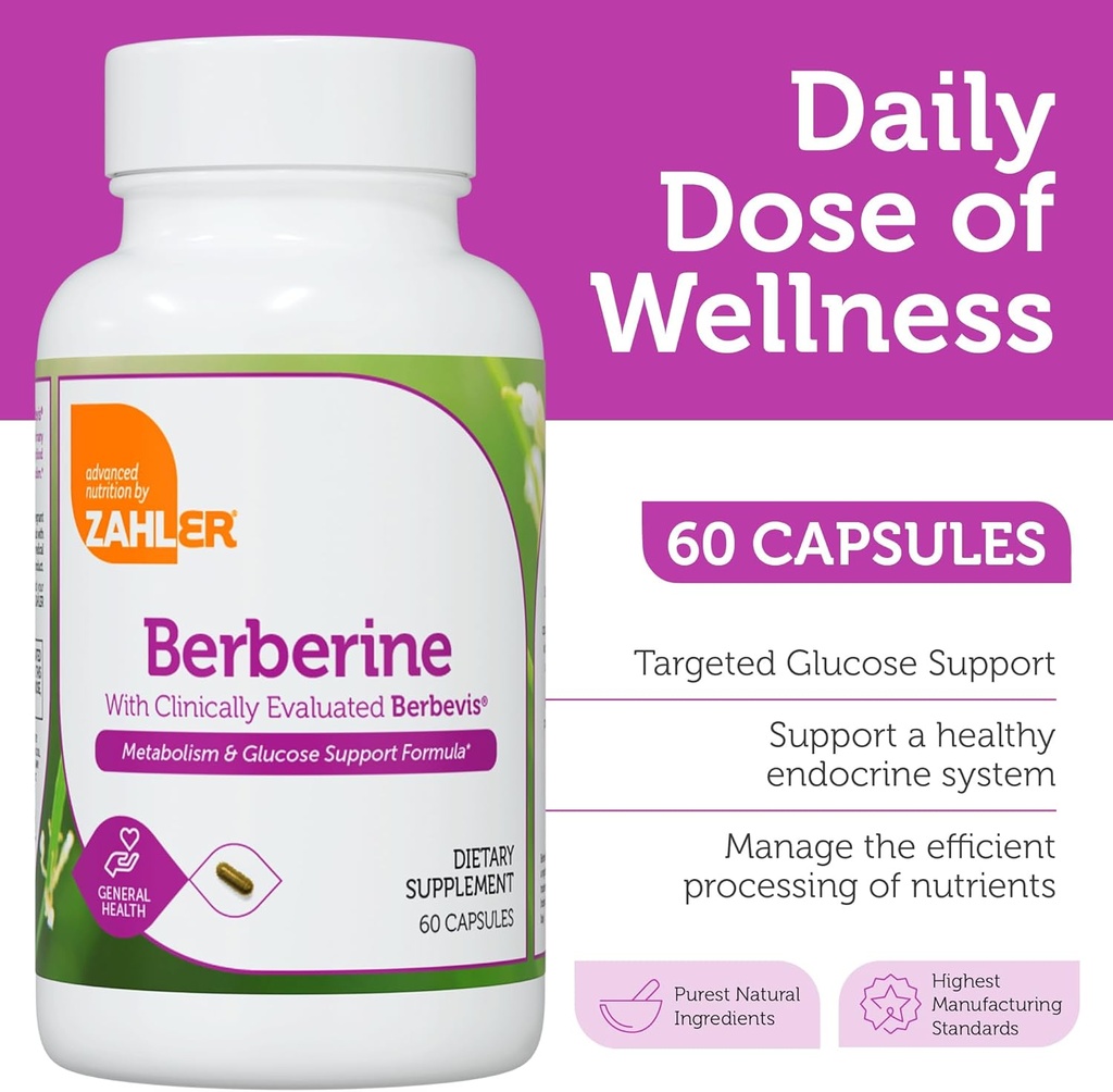 Berberine with Clinically Evaluated Berbevis, Metabolism and Glucos Support Formula, 60 Capsules. 3