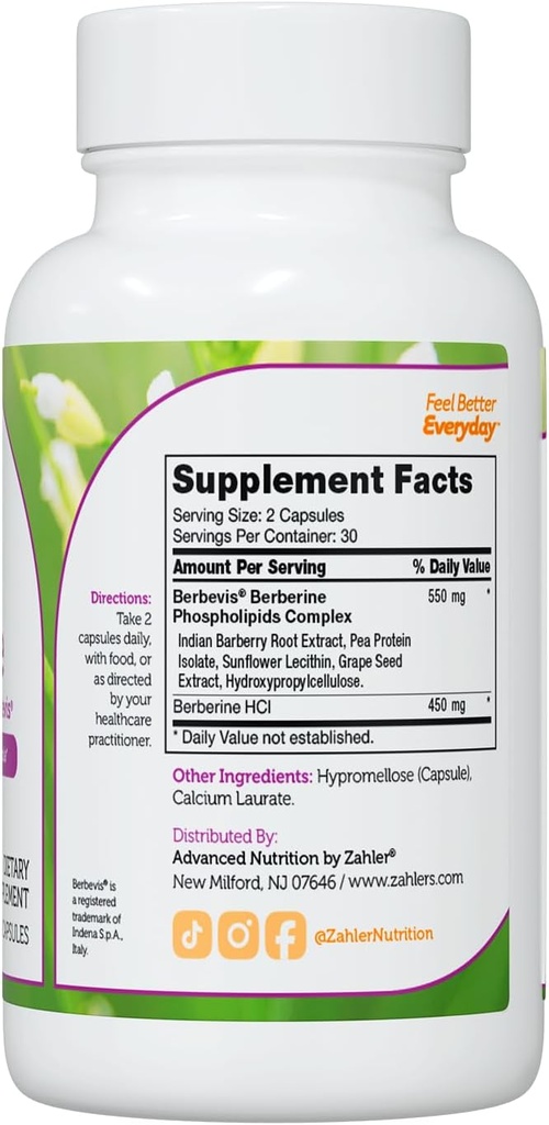 Berberine with Clinically Evaluated Berbevis, Metabolism and Glucos Support Formula, 60 Capsules. 4
