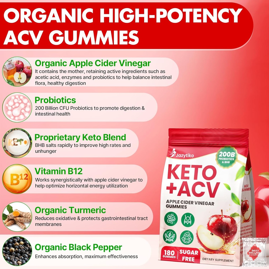 Apple Cider Vinegar Gummies, Advanced ACV Gummy with Probiotics, BHB, B12 and Keto Support - Keto Acv Gummies for Detox, Metabolism, Digestion, Gut & Immune Health - Sugar Free, Vegan, 180 Counts 5