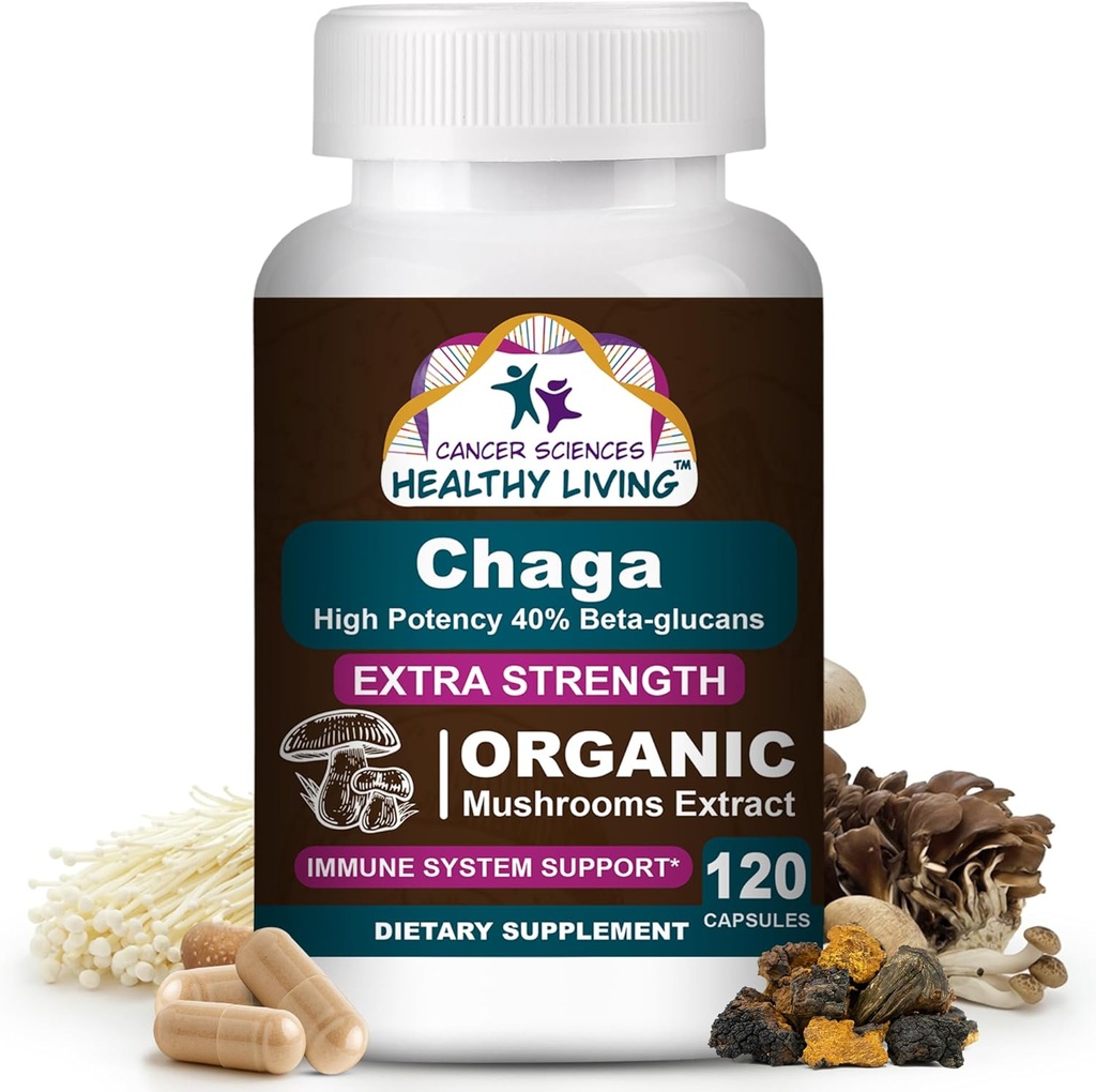Cancer Sciences Chaga Wellness Mushrooms Supplement, USDA Certified Organic Mushroom Extract, Extra Strength 1,500 mg, High Potency 40% Beta-Glucans, Immune Support, Gut Health, Antioxidant, 120 Caps 2