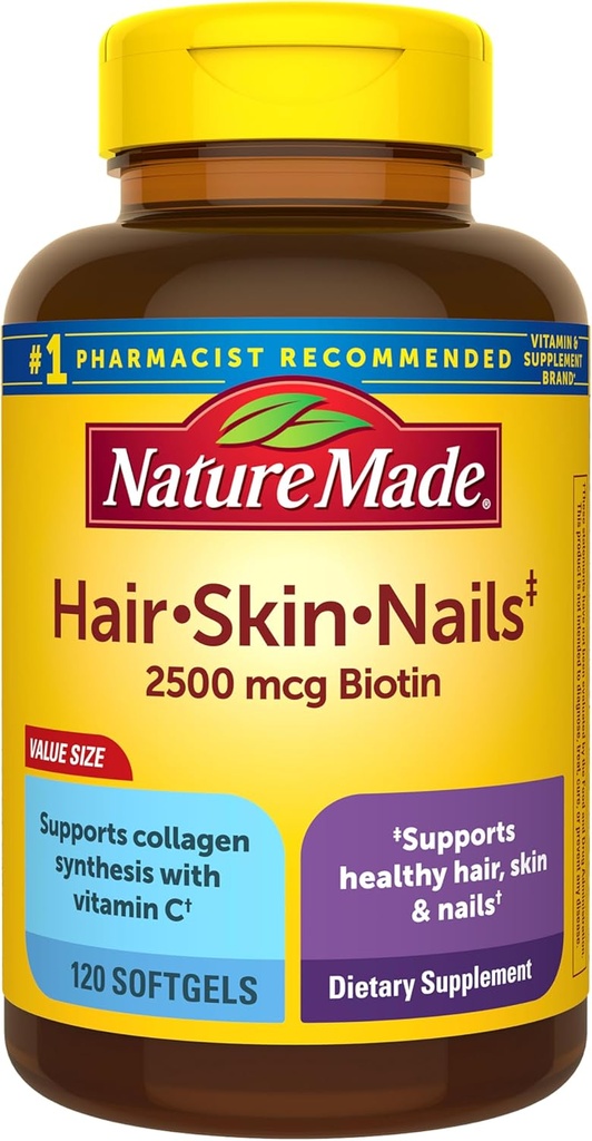 Hair, Skin & Nails with 2500 mcg of Biotin Softgels, 60 Count for Supporting Healthy Hair, Skin and Nails 2