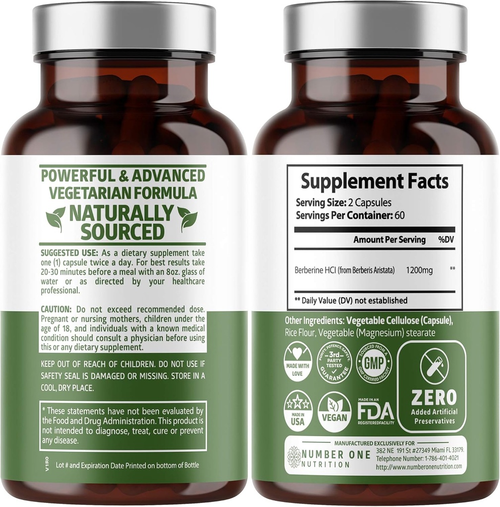 Number One Nutrition N1N Premium Berberine Plus 120 Caps, 1200mg, Natural Supplement Supports Anti-Aging, Cellular Health, Energy and Digestion 2