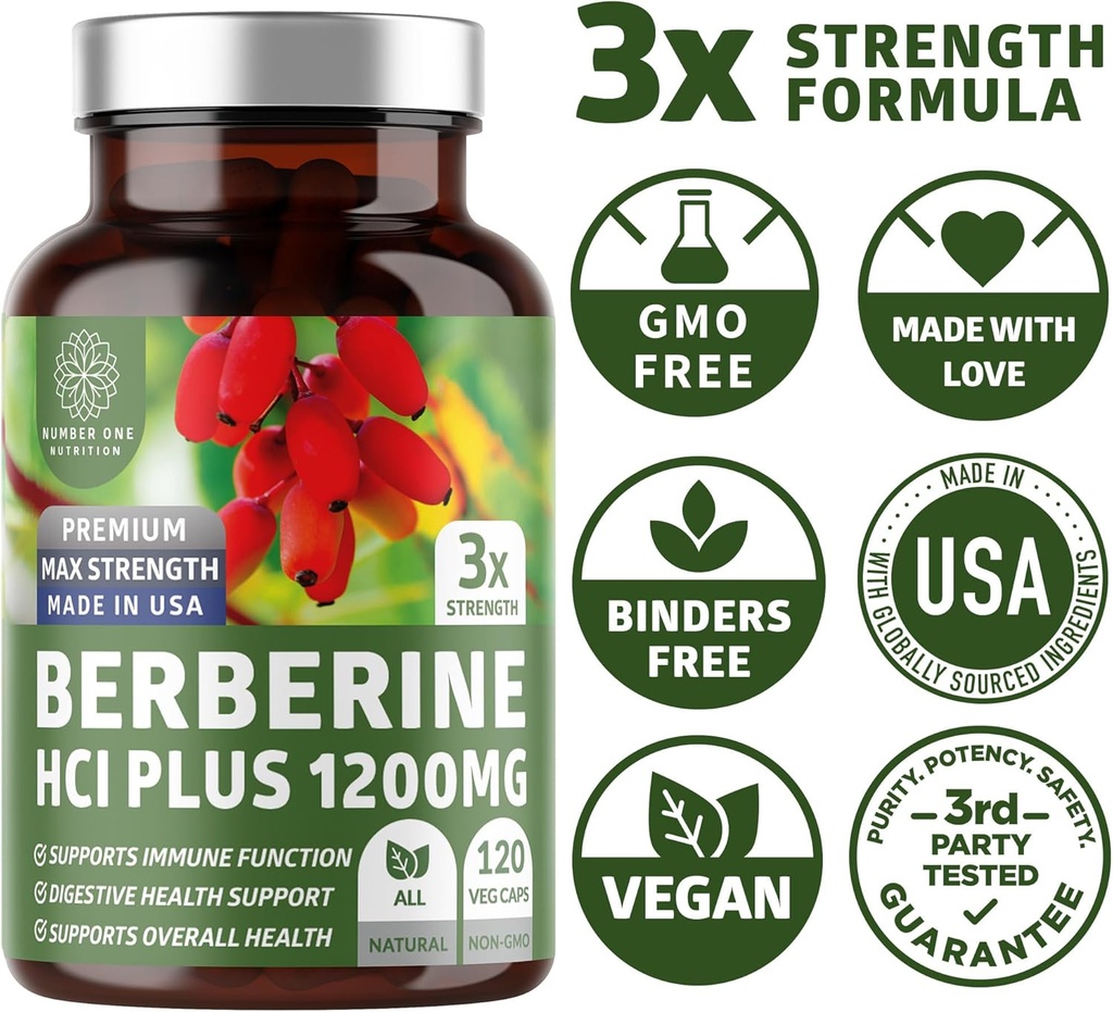 Number One Nutrition N1N Premium Berberine Plus 120 Caps, 1200mg, Natural Supplement Supports Anti-Aging, Cellular Health, Energy and Digestion 6
