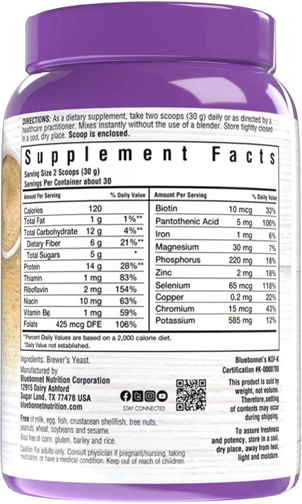 Bluebonnet Nutrition Super Earth Brewers Yeast Powder, Super Food, Whole Food, Source for Vitamins, Great Tasting, Vegan, Vegetarian, Non GMO, Gluten Free, Soy Free, Milk Free, Kosher, 2 lb 3