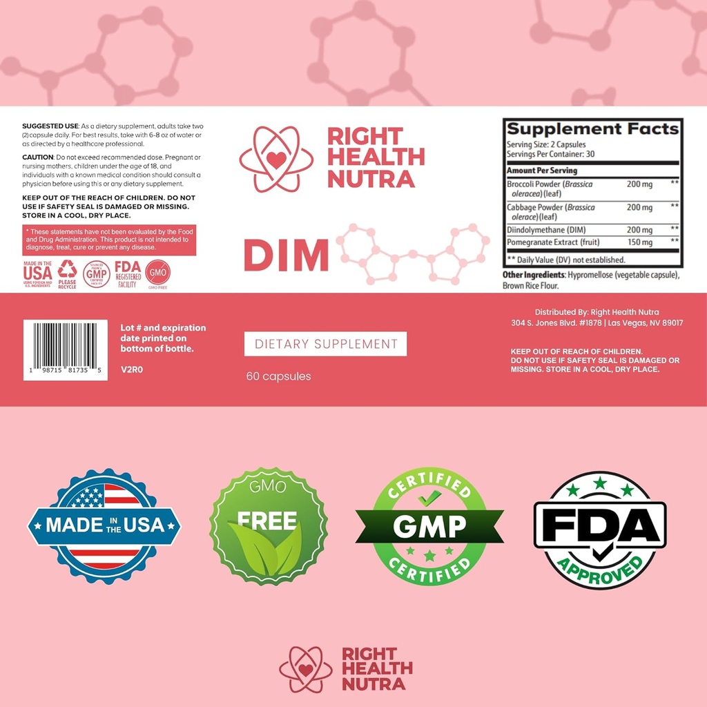 Right Health Nutra DIM Supplement 200 mg - 60 Capsules - Formula with Diindolylmethane, Cabbage Powder, Broccoli Powder & Pomegranate Extract - Plant-Based Support for Wellness 4