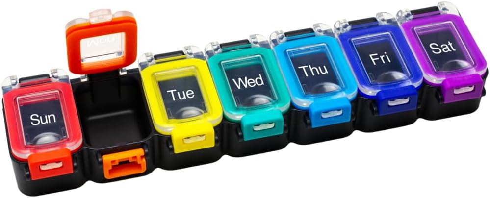 EZY DOSE Weekly (7-Day) Daily Pill Planner, Medicine Case, Vitamin Organizer Container, Waterproof Locking Compartments to Secure Prescription Medication and Prevent Accidental Spilling, Rainbow 2