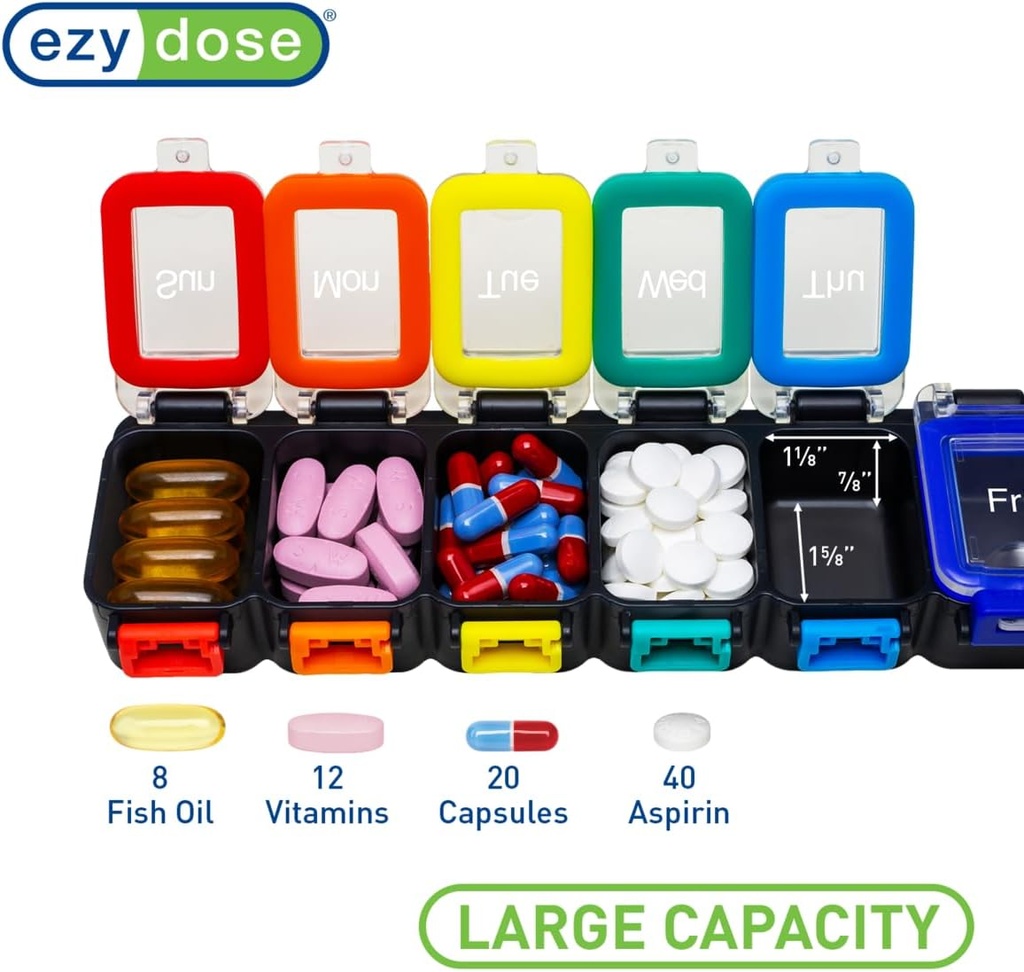 EZY DOSE Weekly (7-Day) Daily Pill Planner, Medicine Case, Vitamin Organizer Container, Waterproof Locking Compartments to Secure Prescription Medication and Prevent Accidental Spilling, Rainbow 4
