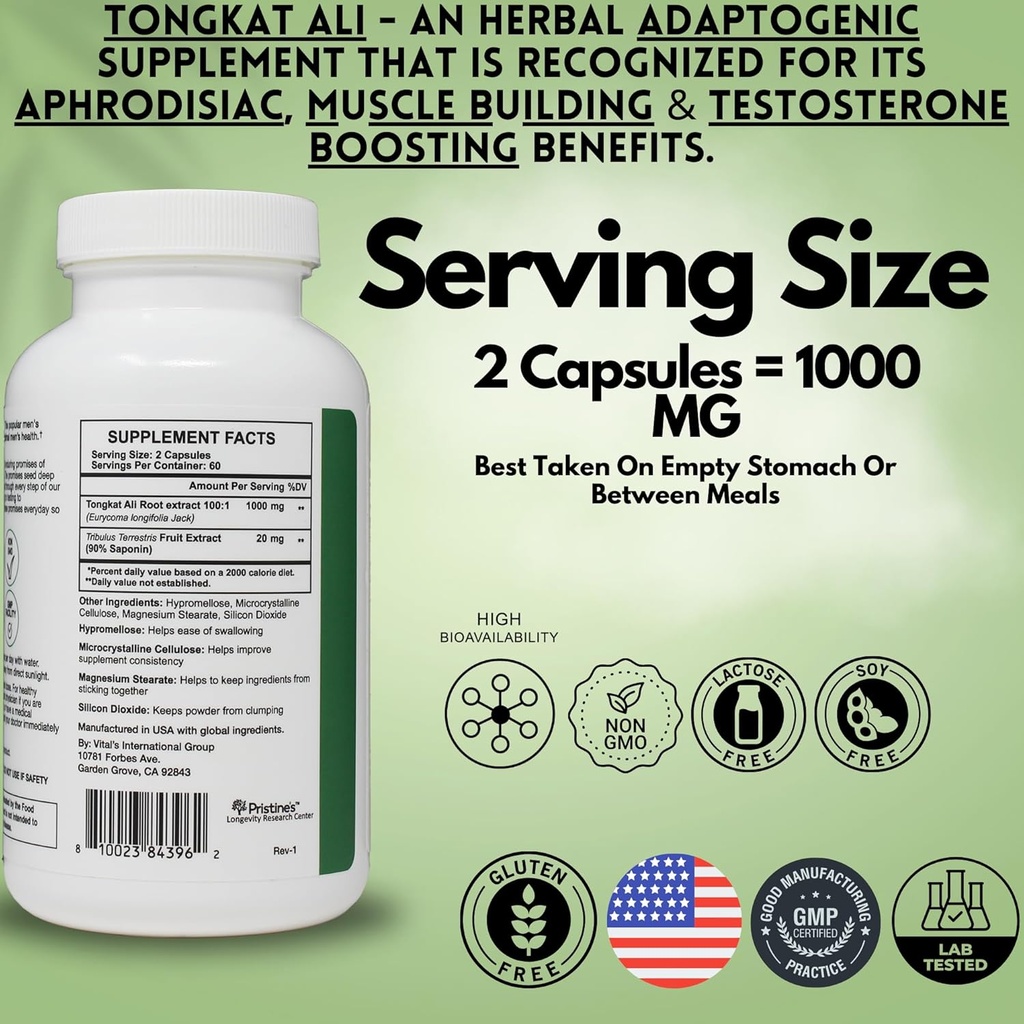 PRISTINE'S Tongkat Ali Capsules - 1000MG 60 Day Supply - Athletic Performance Support - Lean Mass Muscle Building Herbal Supplement for Men & Women - Vegan, Gluten Free, Non GMO 5