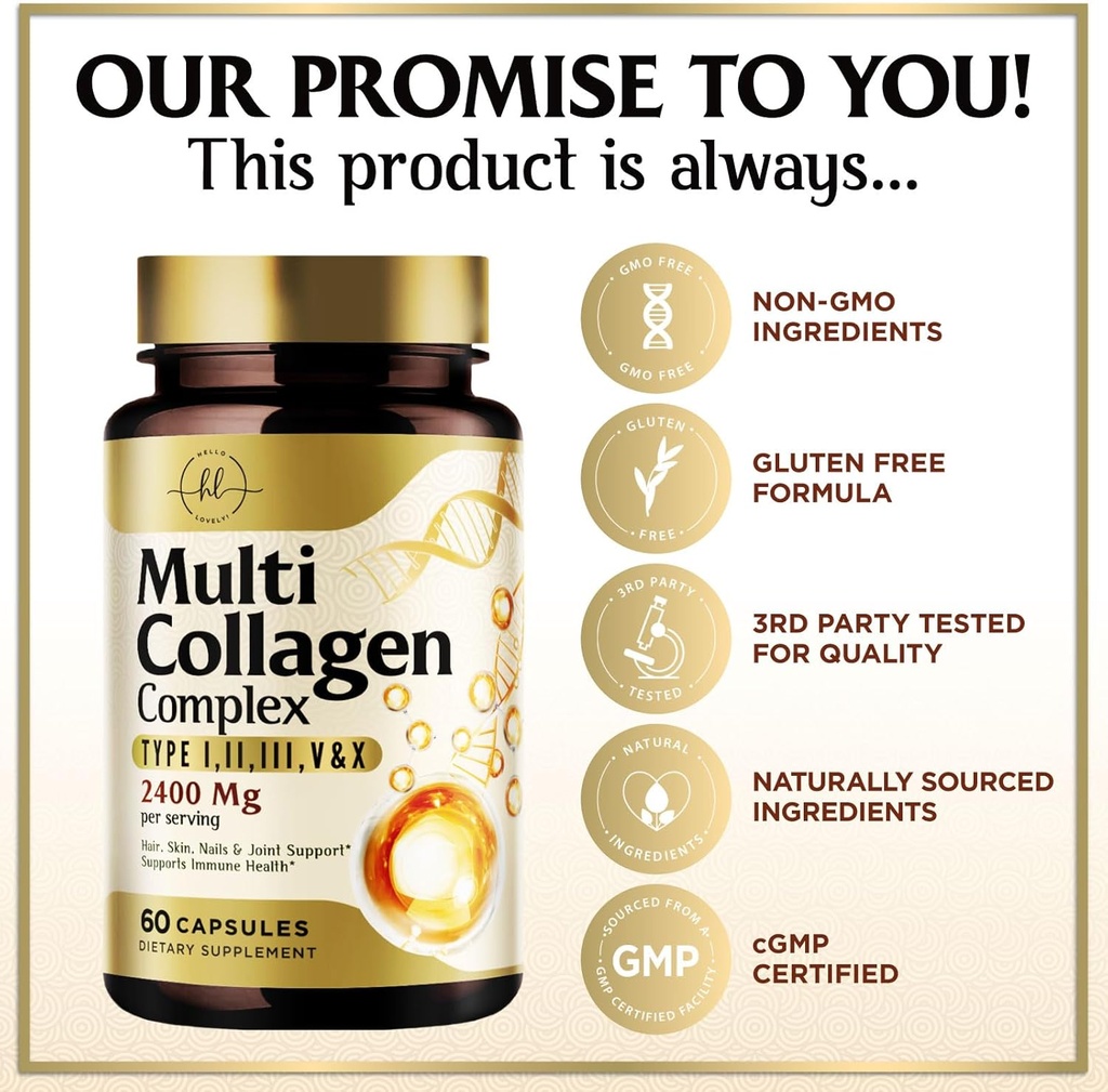 Multi Collagen Peptides 2400mg for Women – Best Hydrolyzed Collagen Complex with 5 Types (I, II, III, V, X) - Grass Fed - Hair, Skin, Nail, Bone & Joint Support for Beauty & Wellness – 60 Capsules 5