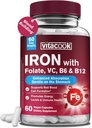 Iron Supplement for Women & Men, Iron Bisglycinate with Vitamin C, B6, B12, Folate, Stomach Friendly, Non-Constipating, Blood Health & Energy Boost, 60 Vegan Caps 2