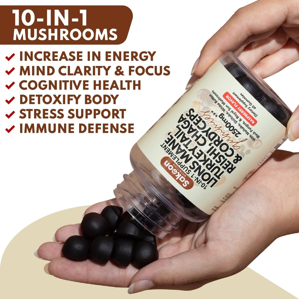 Sakoon nutrition Lions Mane Mushroom Gummies with Turkey Tail, Reishi & More, 2500mg, 60 Count, Raspberry Flavored 6