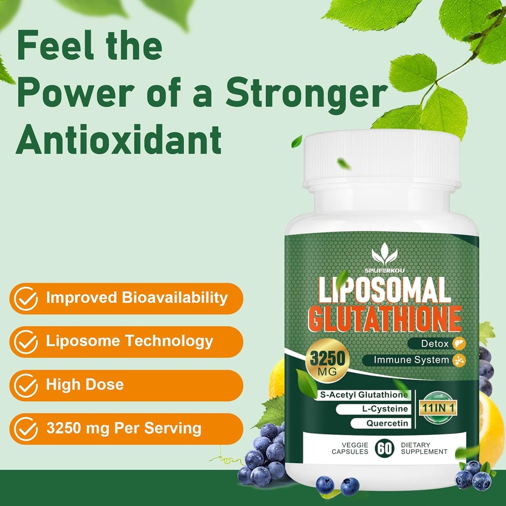 3250 MG Liposomal Glutathione Supplement,Reduced L-Glutathione with Resveratrol,Quercetin, Antioxidant Supplement for Immune System,Gluten Free & Non-GMO, 60 Capsules 5