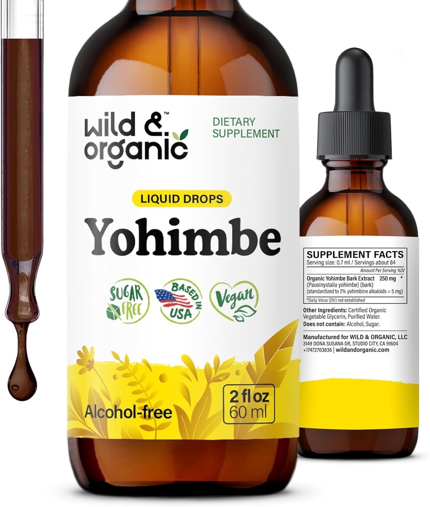 Wild & Organic Yohimbe Supplements for Men & Women - 5 mg Yohimbine Liquid Extract Drops - Pausinystalia Yohimbe Bark Tincture - Vegan, Alcohol-Free - 2 fl oz 2