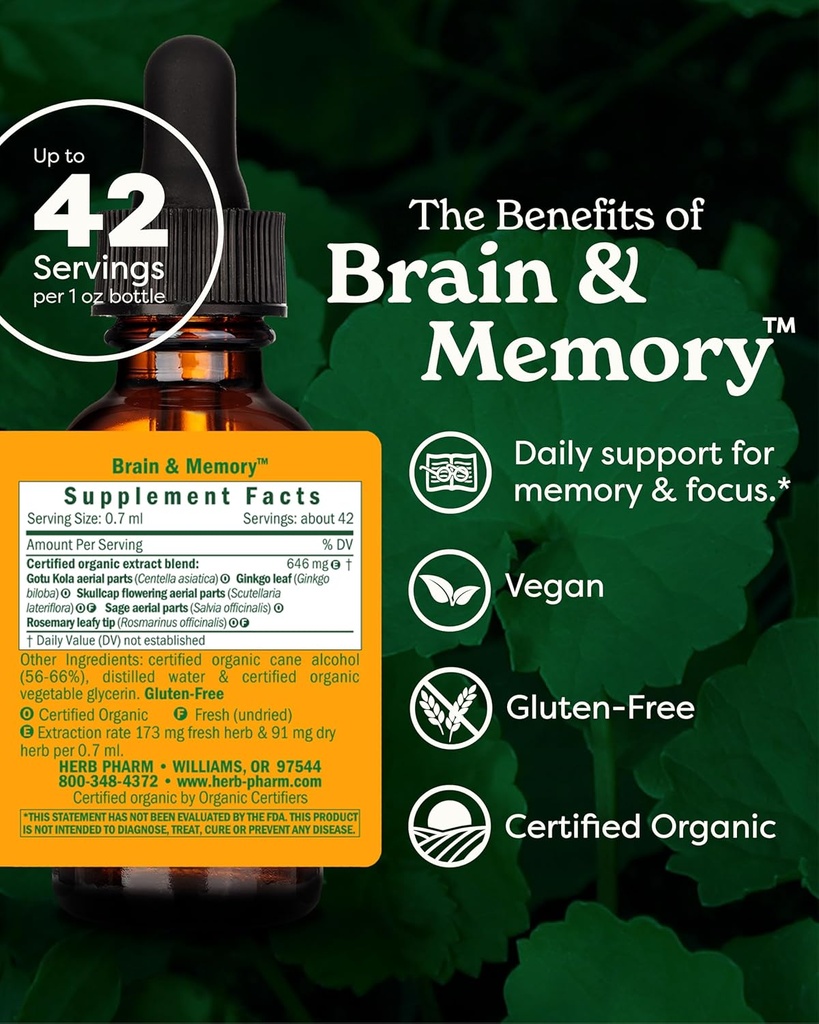Herb Pharm Organic Nootropic Brain & Memory Supplement with Ginkgo Biloba Liquid Extract: Fast Absorption for Mental Focus Support, Ginkgo Supplement, Vegan, Gluten-Free, Non-GMO, 1 Oz 3